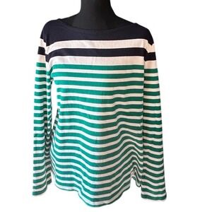 Talbots Striped Boat Neck Top Green White Navy Cotton Nautical Preppy Large